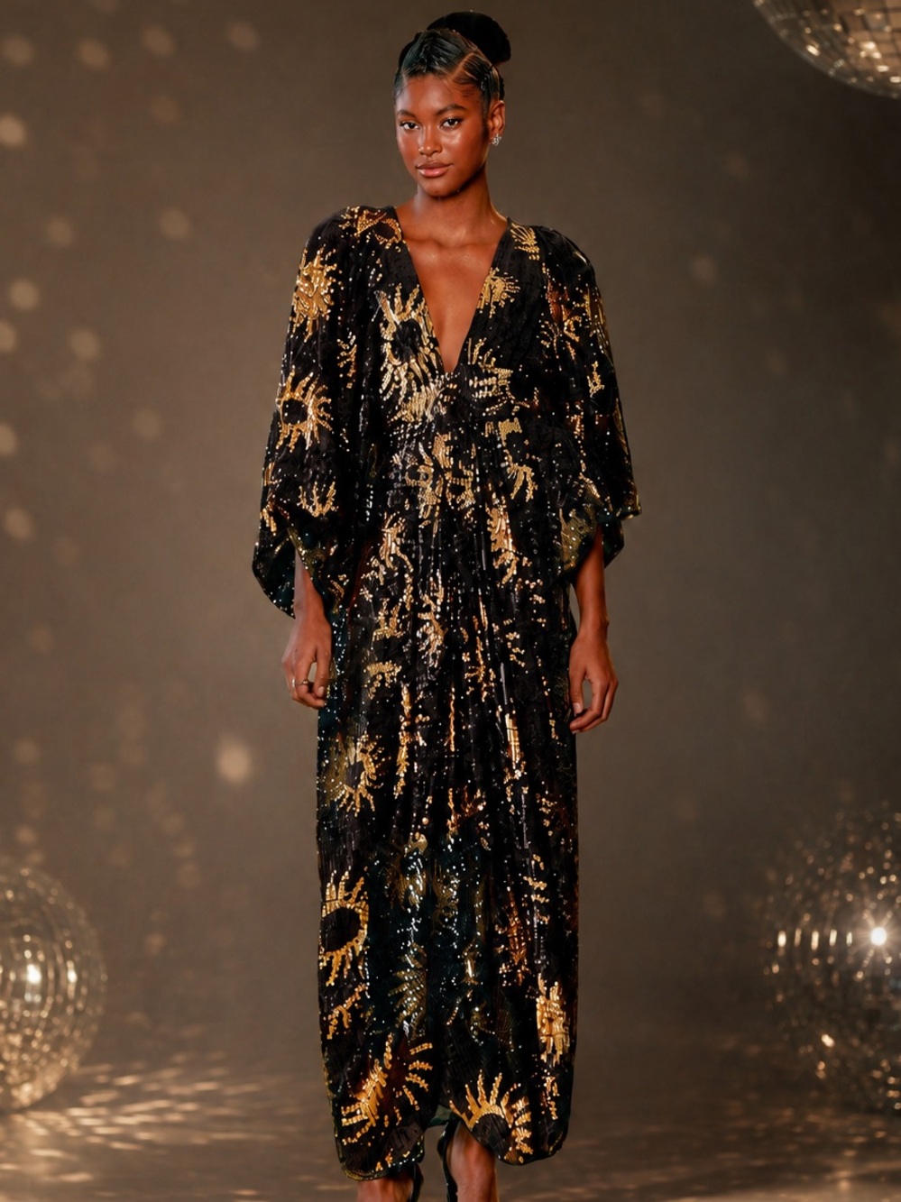 Farm Rio black Sunny Mood Sun sequins maxi dress XS wedding disco formal 70s